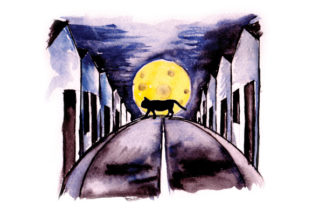 Halloween Cat Crossing in Watercolor