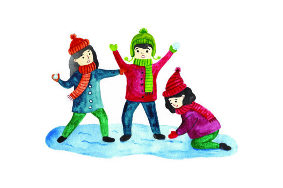 Kids Having Snowball Fight - Watercolor: A Winter Graphic Design Asset Review