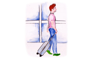 Man at Suitcase at Airport in Watercolor