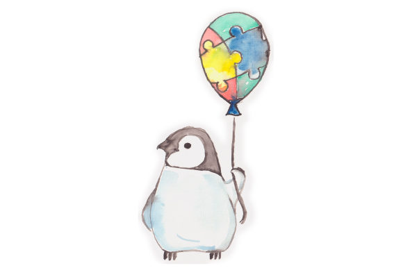 Watercolor Penguin with Autism Balloon Awareness Design Asset