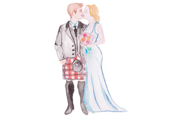 Watercolor Wedding Couple with Guy in Red Kilt: A Design Asset for Content Success