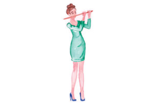 Woman Playing Flute in Watercolor