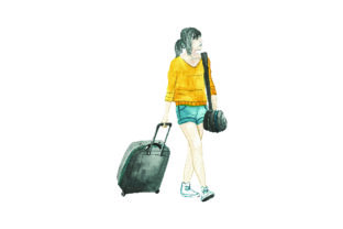 Woman Pulling Luggage Watercolor for Travel Design Projects
