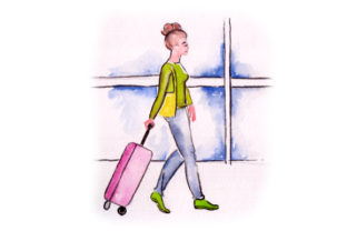 Woman with Suitcase at Airport in Watercolor